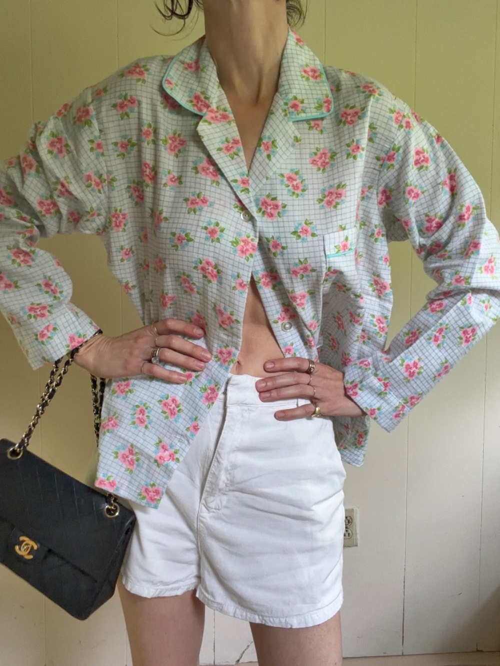 Vintage light blue and white gingham check shirt with pink florals cottage core